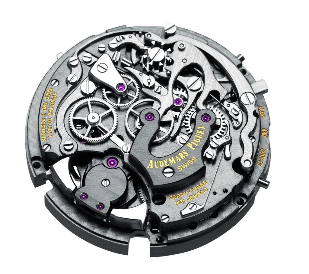 Supersonnerie movement, seen from the rear. Visible: the hammers for the repeater works, as well as the chronograph mechanism (column wheel at the upper right)